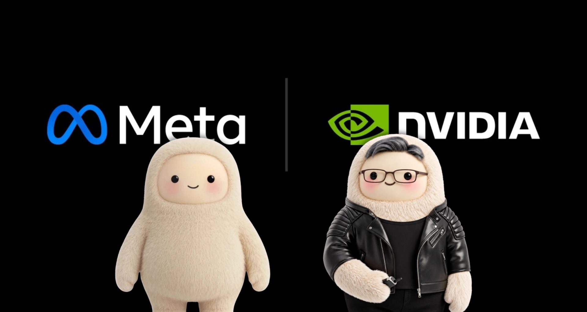 Two cute plush figures stand in front of the 'Meta' and 'NVIDIA' logos, set against a black background.