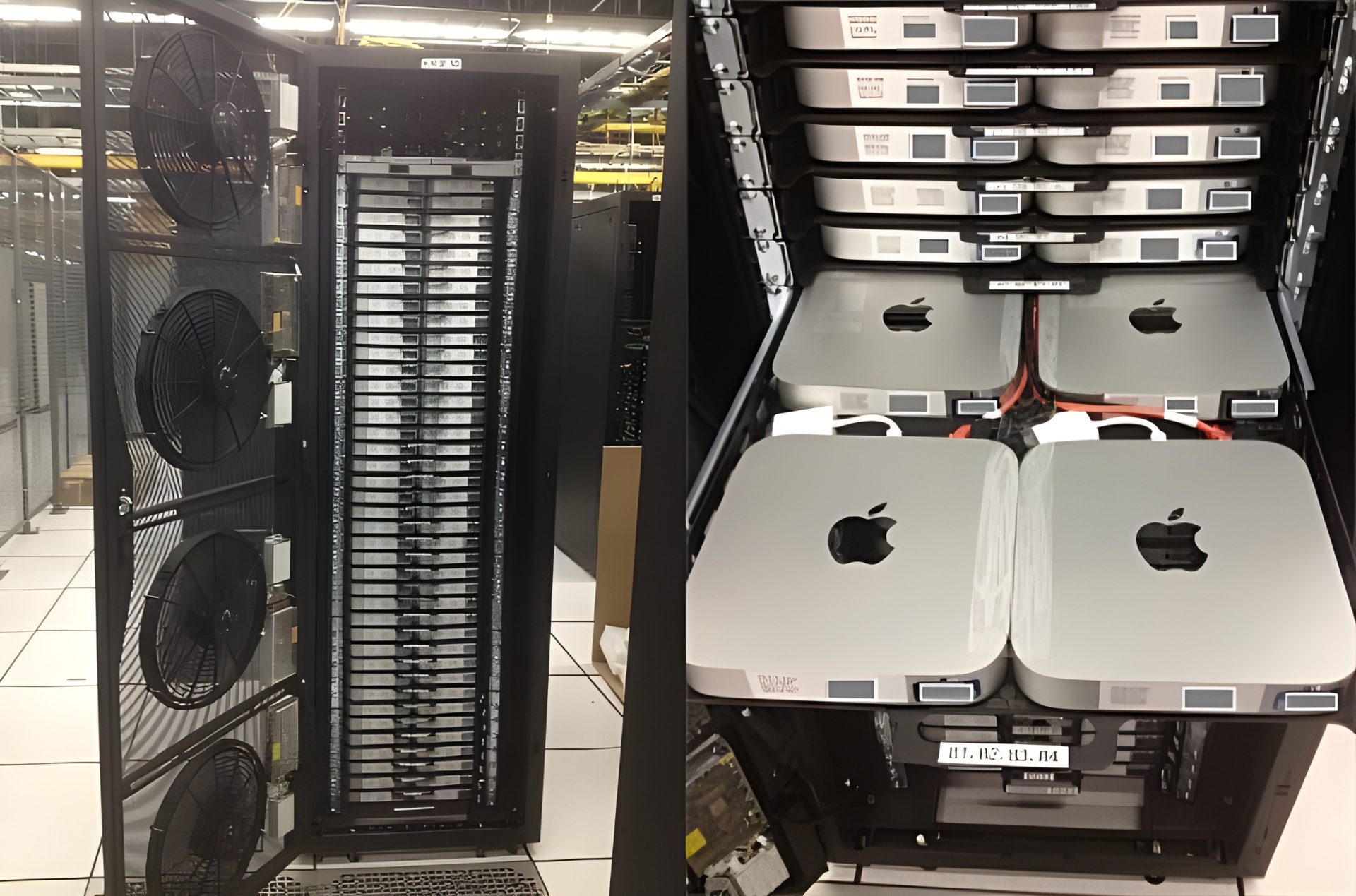 A server rack filled with multiple Apple Mac Mini devices, each displaying the Apple logo prominently on their casing.