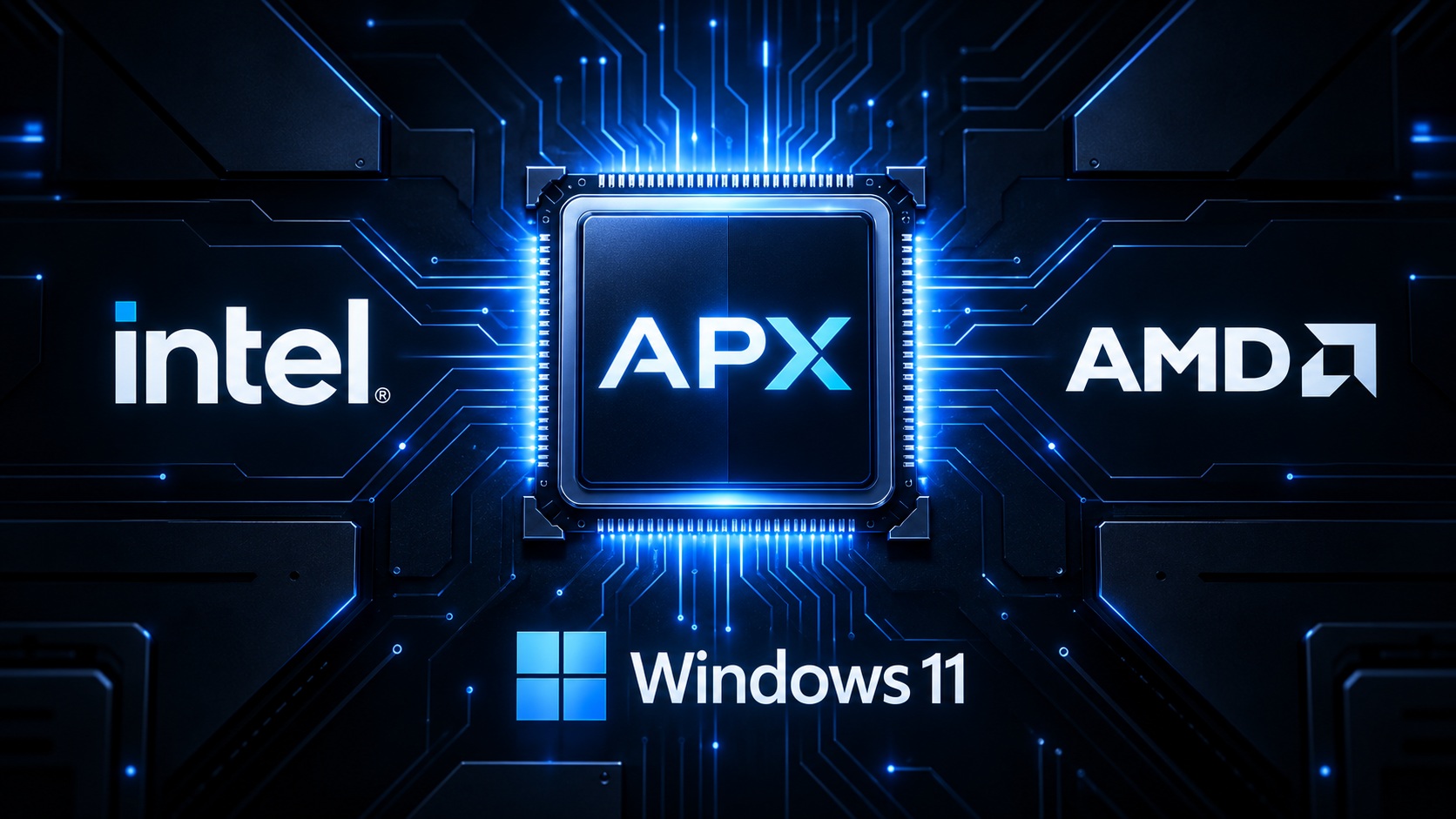 A digital illustration shows an 'APX' processor chip at the center surrounded by Intel, AMD, and 'Windows 11' logos on a circuit board background.