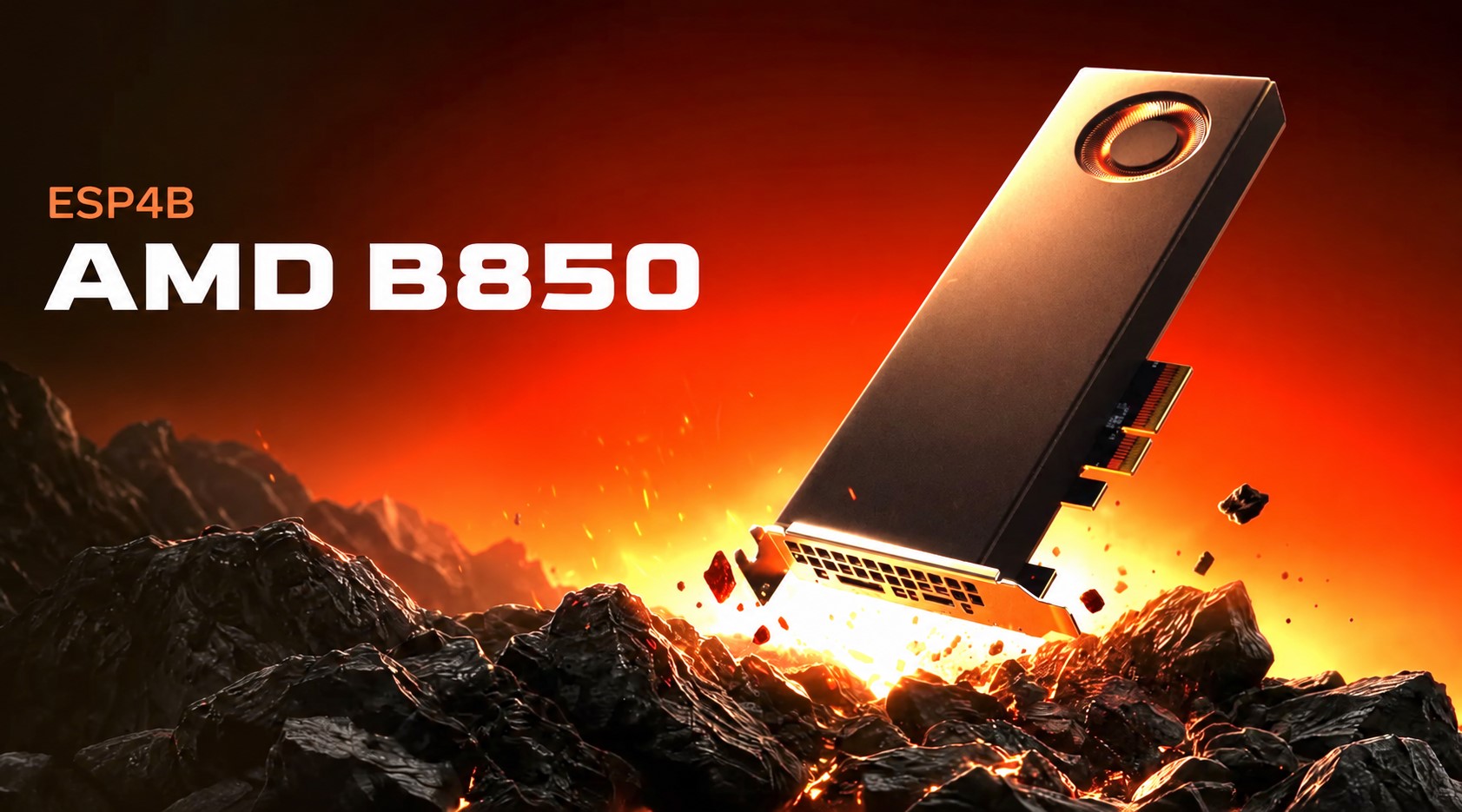 An AMD graphics card labeled 'AMD B850' is depicted emerging from a rocky surface against a fiery background.