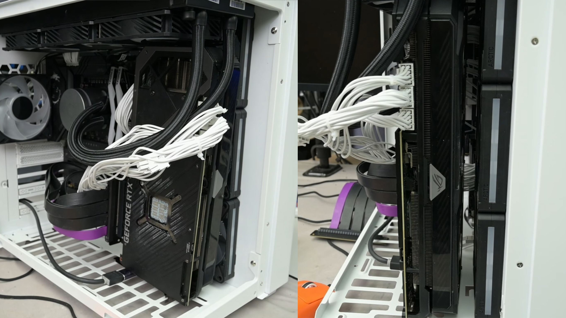 Two Arctic Liquid Freezer II 360 AIO radiators are vertically mounted side-by-side in a PC case, with white cables connected to the graphics card labeled GeForce RTX.