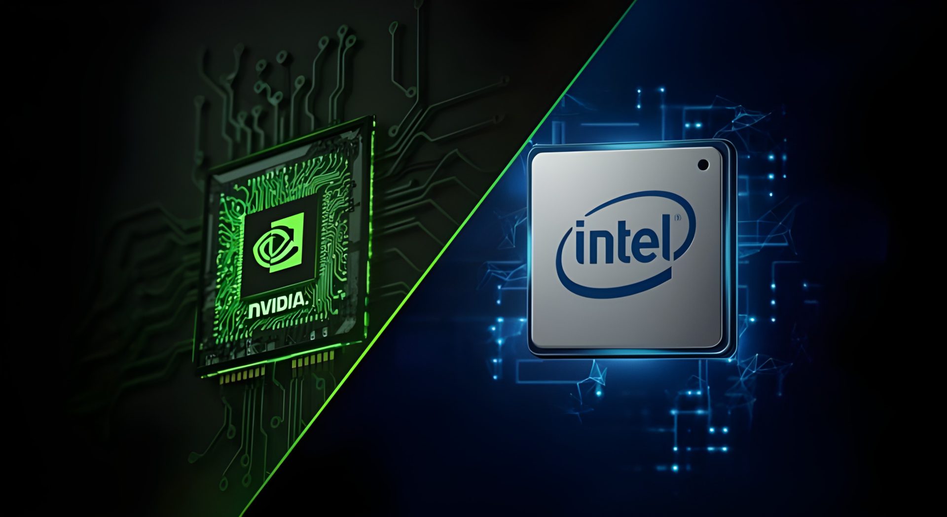 A split image featuring an illuminated NVIDIA chip on the left and an Intel chip on the right, highlighting both brand logos amid circuit graphics.