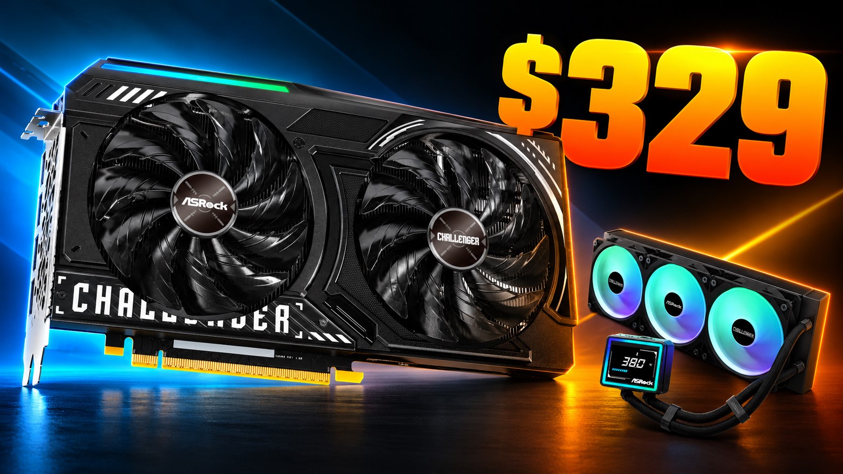An ASRock Challenger graphics card and a cooling system with three RGB fans are displayed with the price '$329' in bold yellow and orange text.