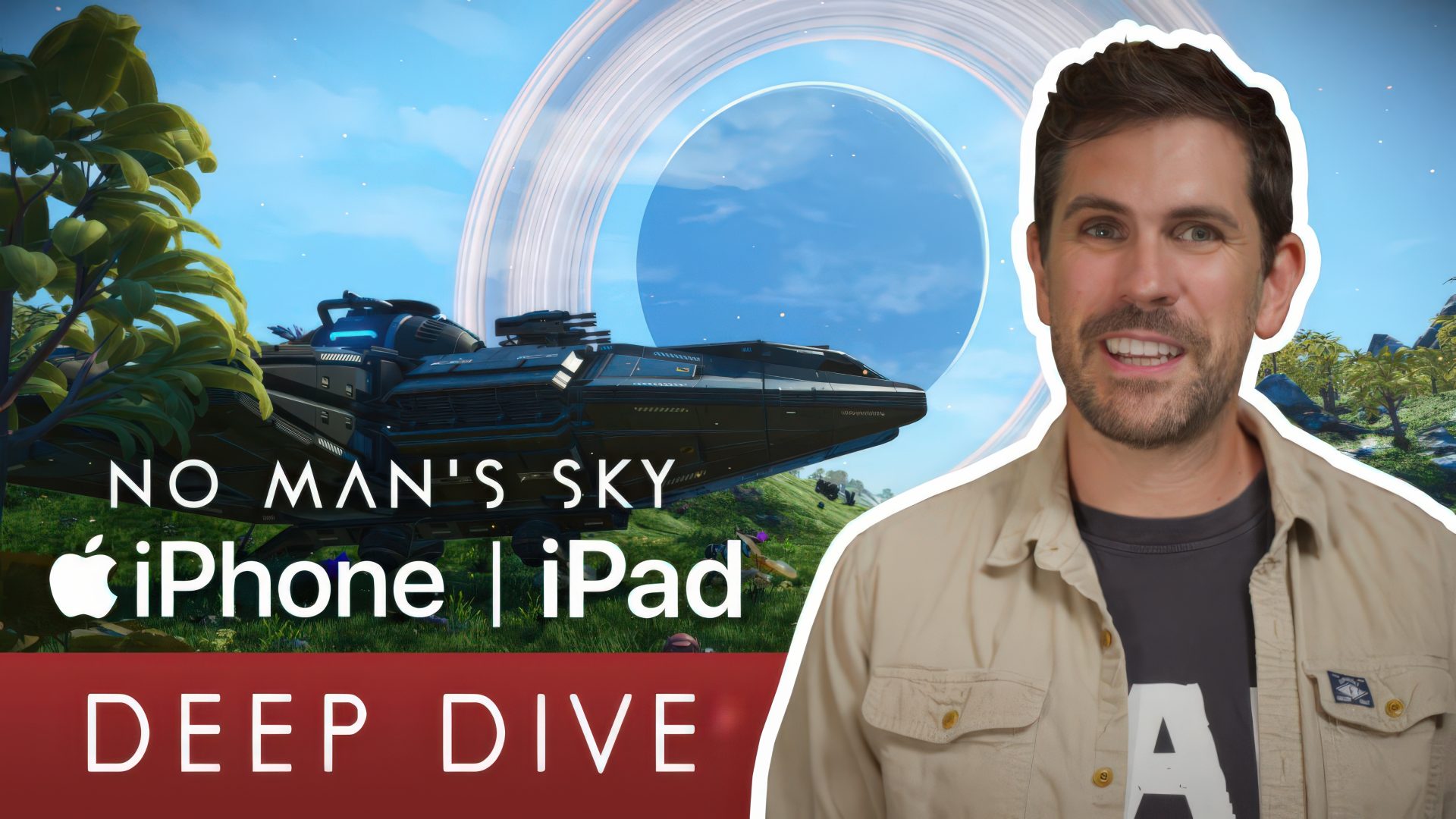 Sean Murray appears next to a spaceship and a planet in No Man's Sky with the text 'No Man's Sky iOS iPhone