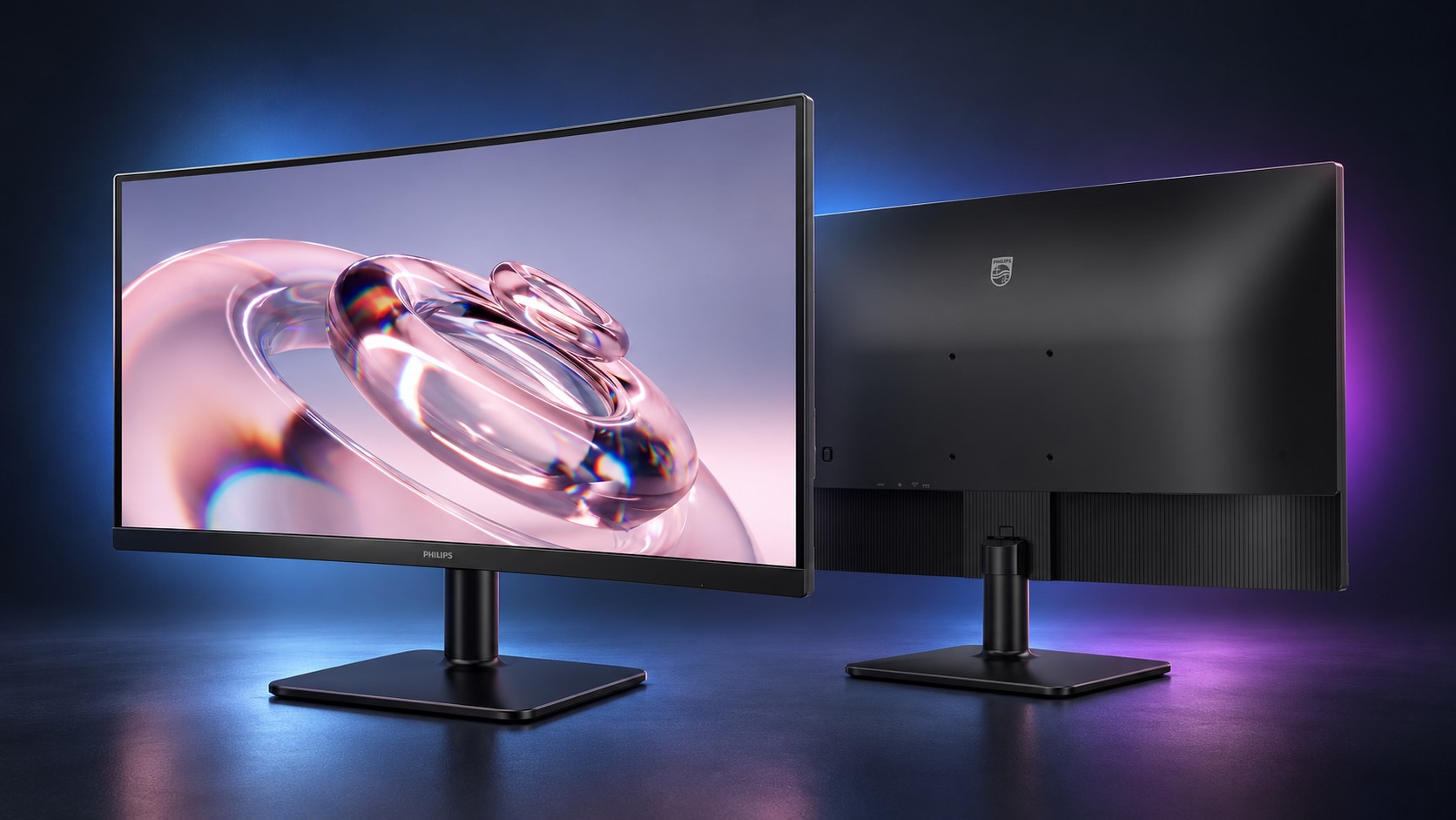 A side-by-side view of the Philips curved monitors, one displaying a digital artwork and the other showing the back panel with the Philips logo.