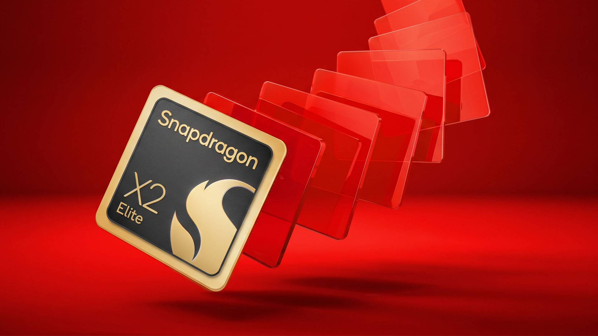 A Qualcomm Snapdragon X2 Elite processor chip is displayed against a red background.
