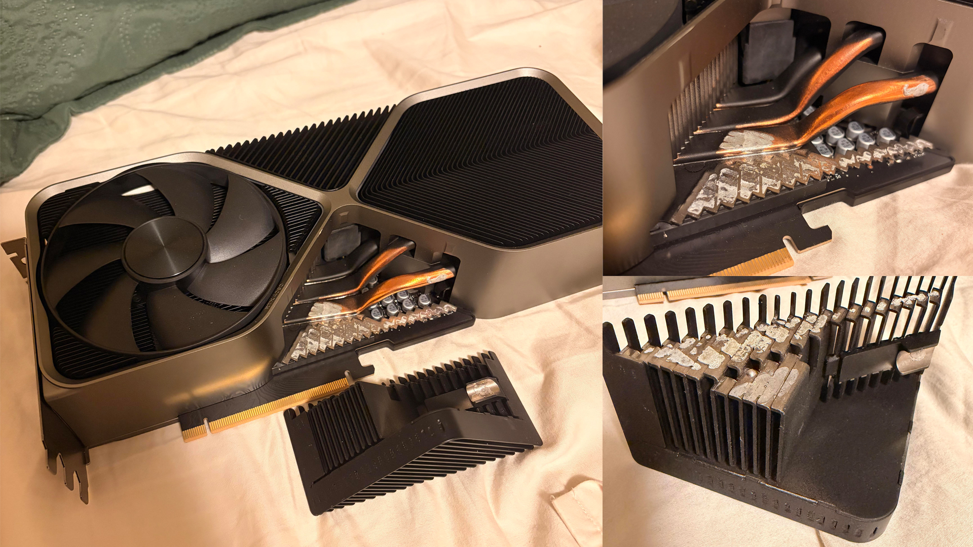 An NVIDIA GeForce RTX 4090 graphics card is shown disassembled, highlighting the heat sink with visible thermal paste residue and copper heat pipes.