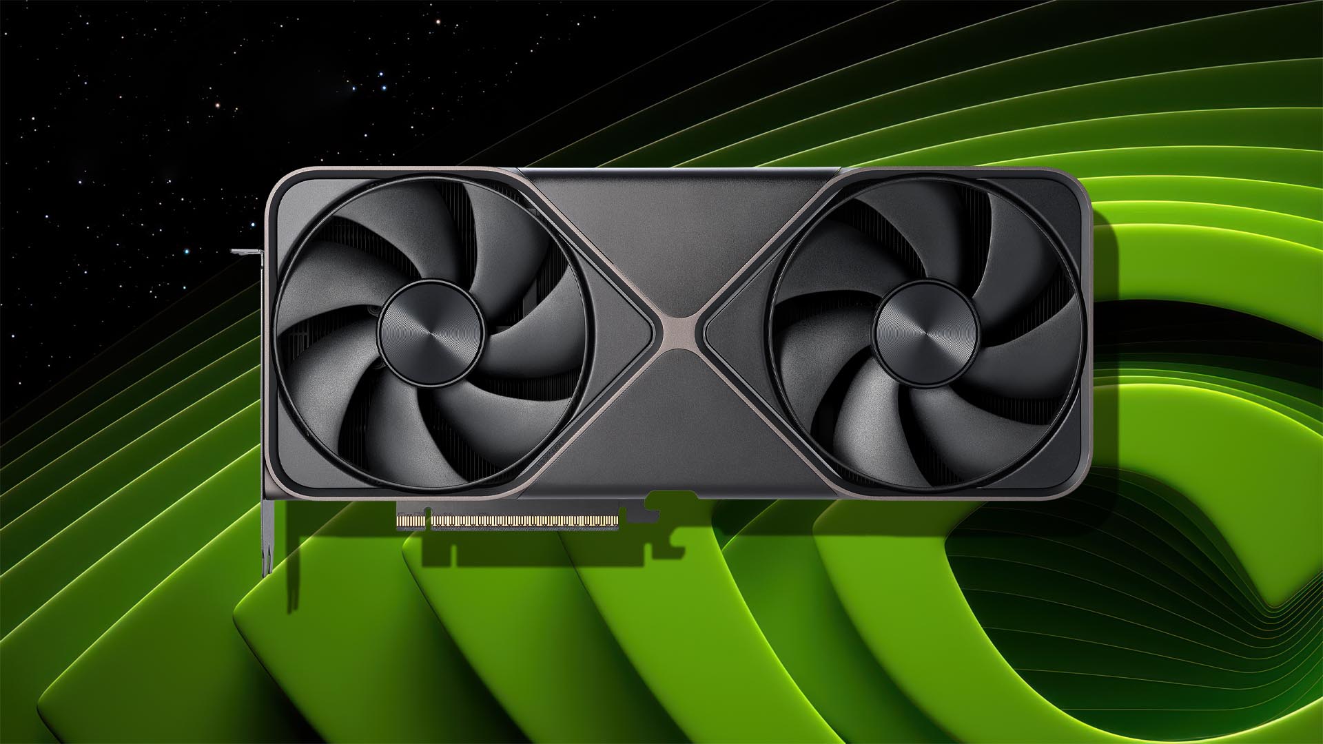 A close-up of an NVIDIA GeForce graphics card with dual fans against a green and black abstract background.