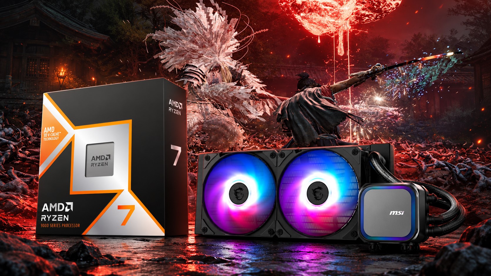 A box for the AMD Ryzen 7 9000 series processor with '3D V-Cache Technology' is displayed alongside an MSI liquid cooler, set against a backdrop of an intense battle scene from a video game.
