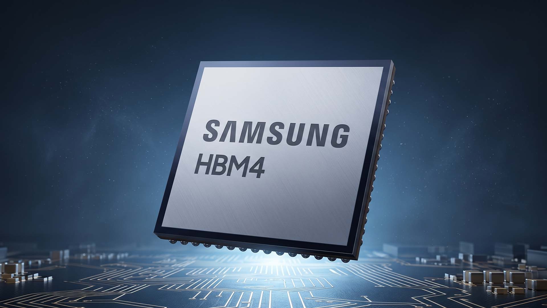 A Samsung HBM4 chip is displayed prominently against a circuit design background.