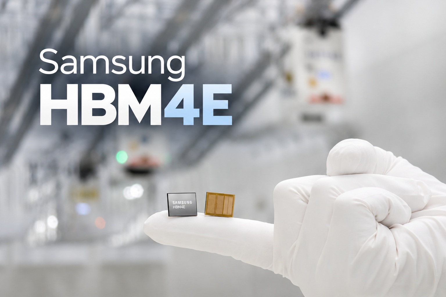 A gloved hand holds a Samsung HBM4E chip beside a connecting component, with the text 'Samsung HBM4E' in the background.