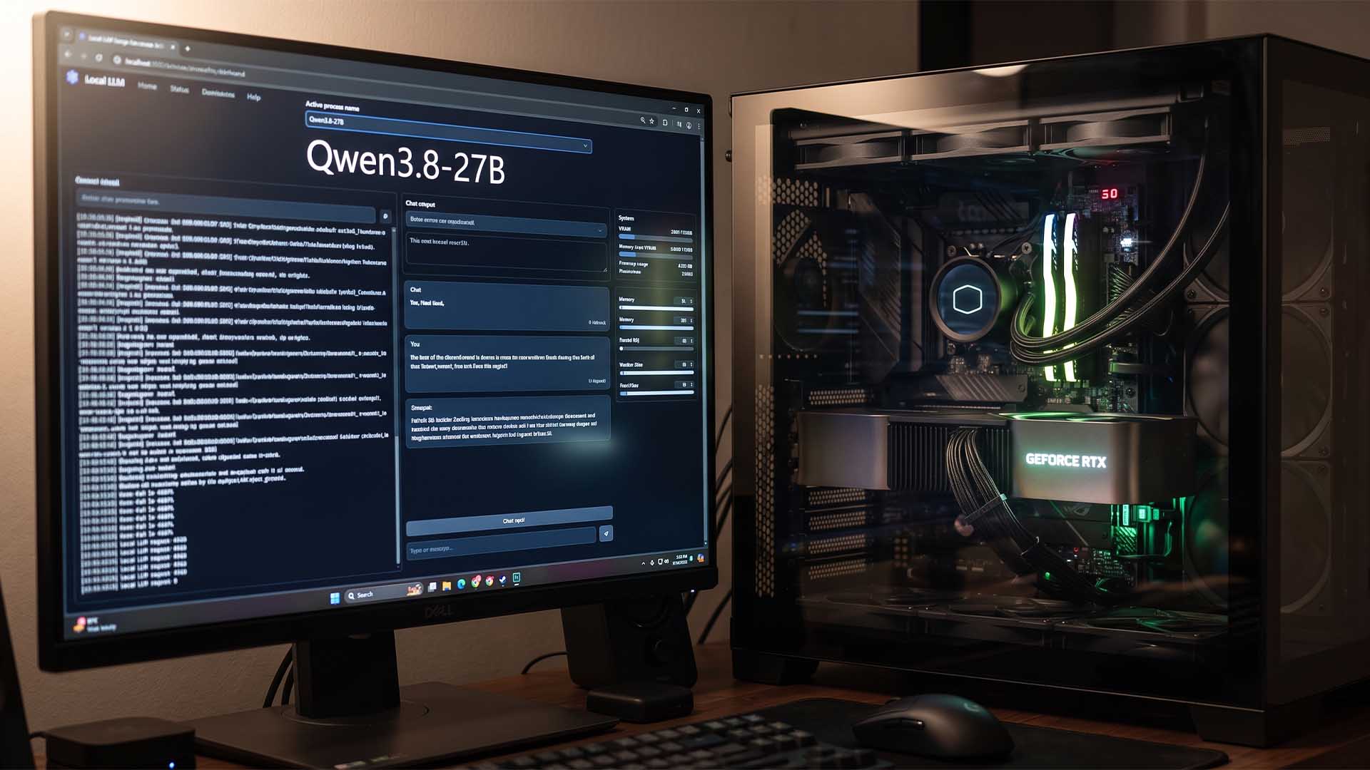 A desktop computer with a visible GeForce RTX GPU is connected to a monitor displaying the 'Qwen3.8-27B' software interface, featuring various system parameters and a chat section.