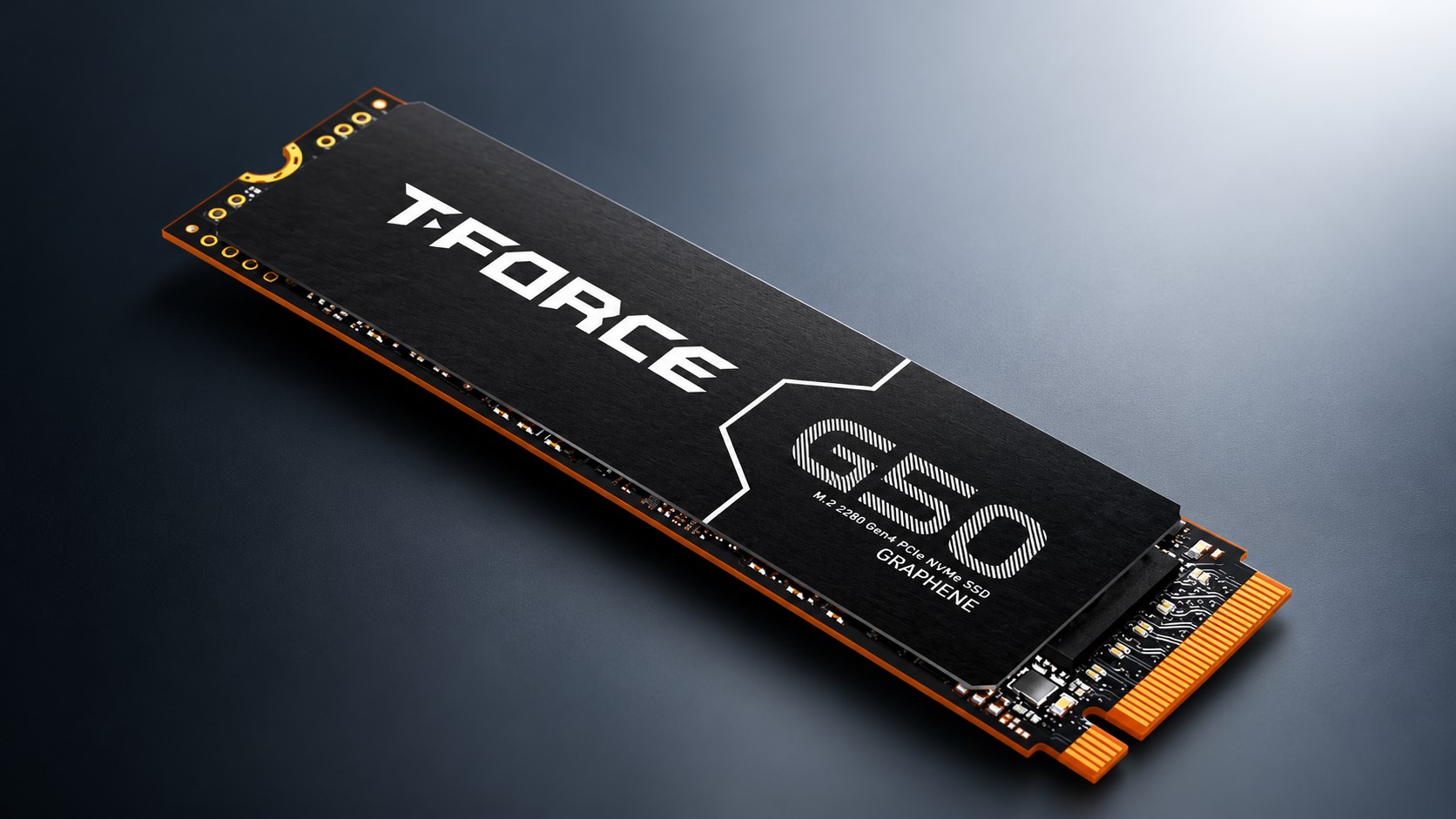 A T-Force G50 M.2 2280 Gen4 PCIe NVMe SSD with graphene cooling is shown on a dark surface.