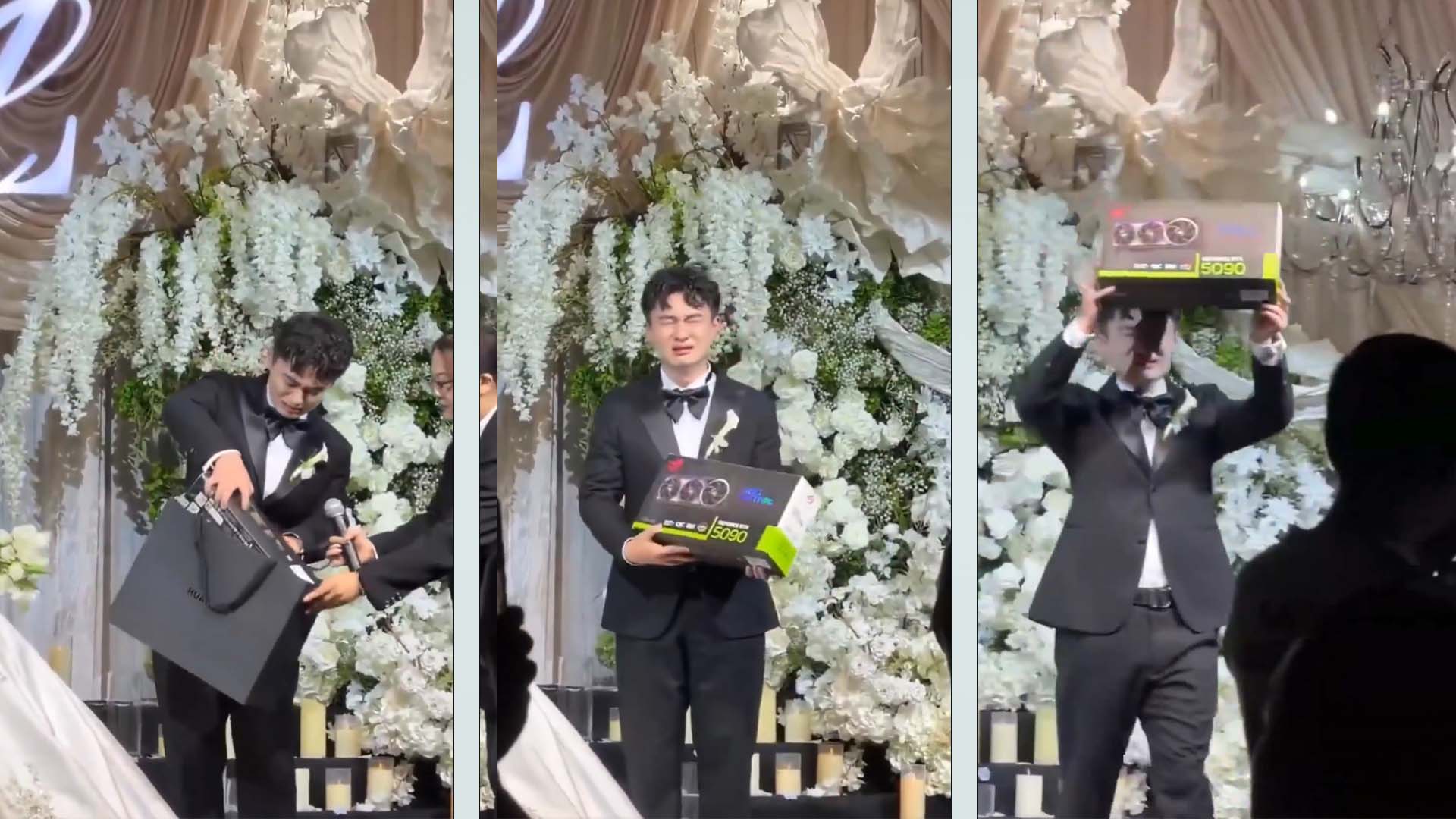 A person in a suit holding a GPU box labeled 'MSI GeForce RTX 5090' during an event with floral decorations.