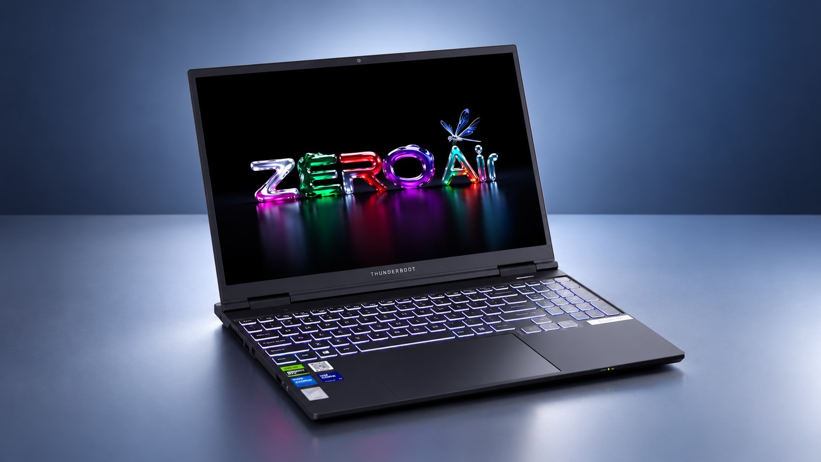 A Thunderobot laptop displaying colorful 3D text 'ZERO Air' on its screen.