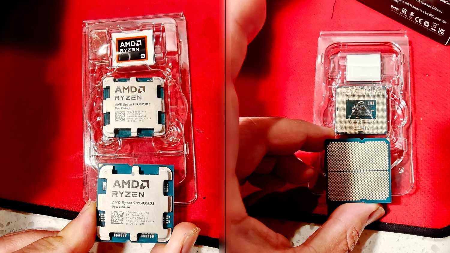 Two AMD Ryzen 9 9950X3D2 processors, labeled as Dual Edition, are shown with one being held and the other in its packaging.