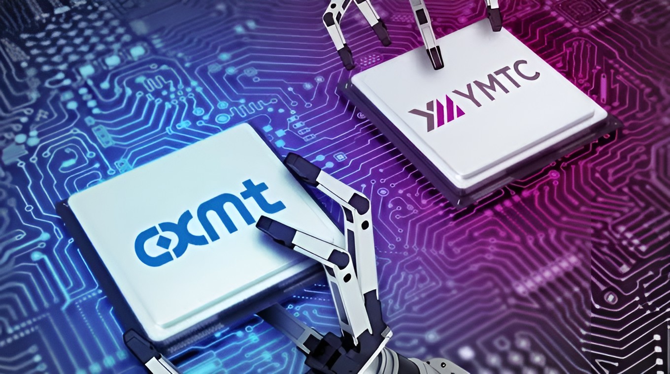 Robotic arms hold chips with 'CXMT' and 'YMTC' logos over a circuit board.