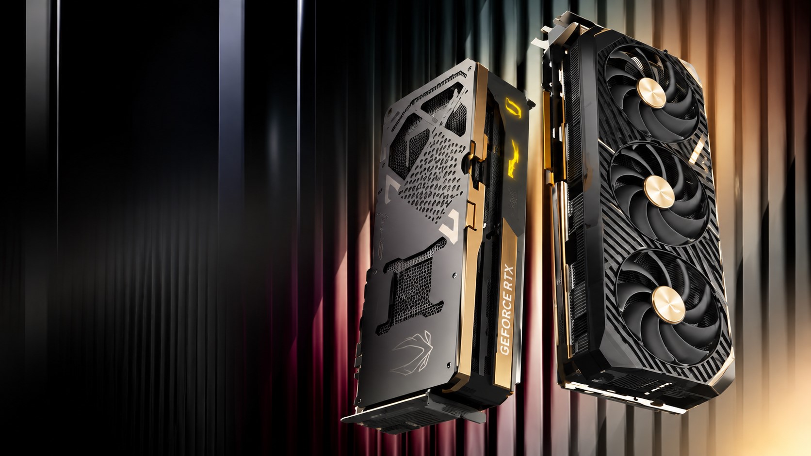 Two graphics cards with triple-fan designs, including one labeled ZOTAC Gaming GeForce RTX, are showcased vertically against a gradient background.
