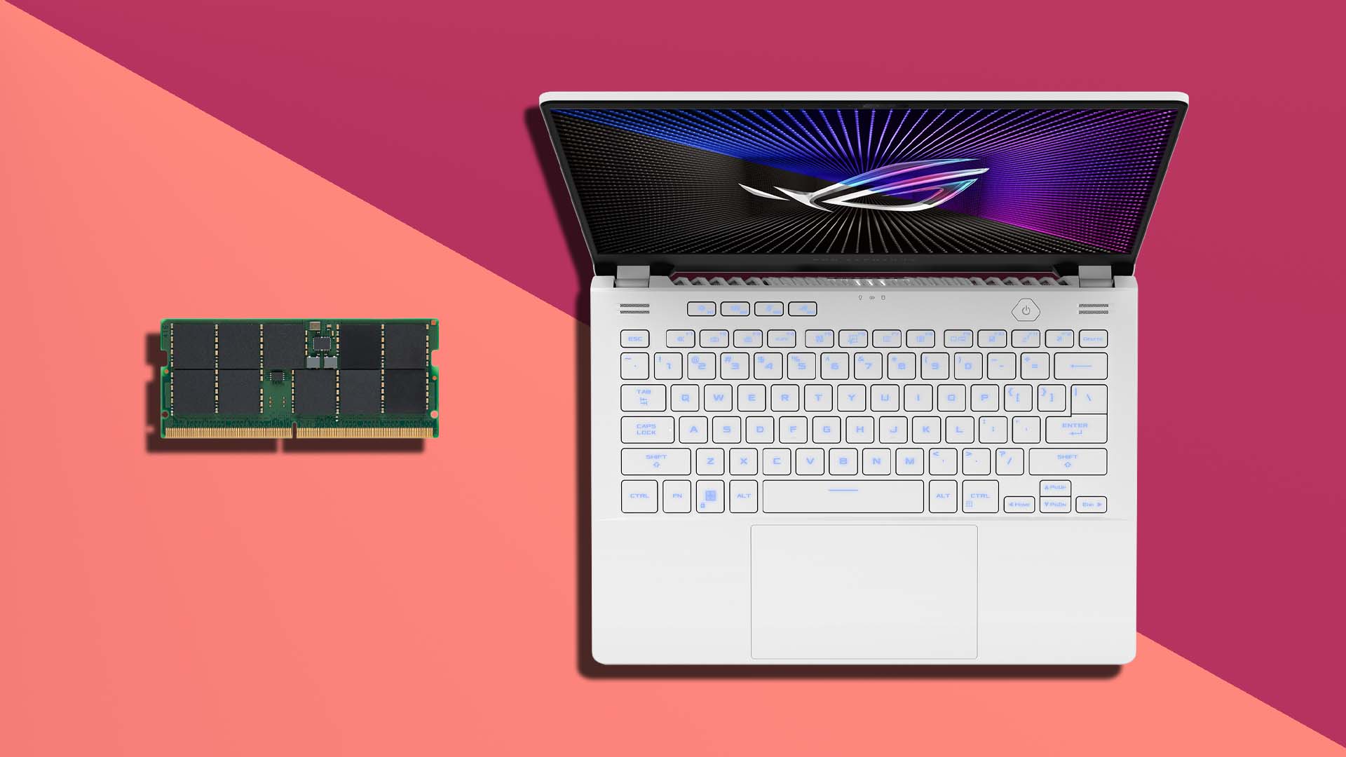 An ASUS ROG laptop with an illuminated keyboard is placed beside a RAM stick on a two-tone background.